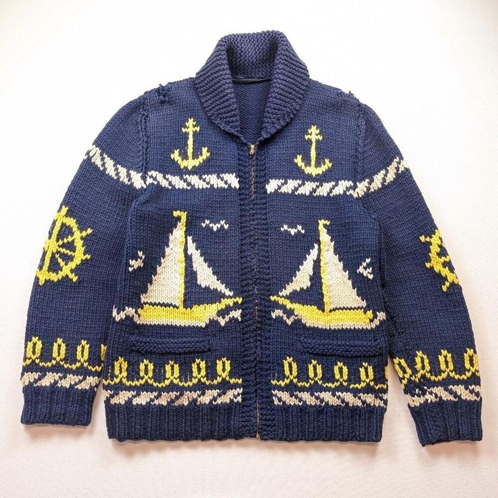 Vintage 60s-70s Nautical Sailing Anchor Cowichan Sweater Wool Talon Zip Rare